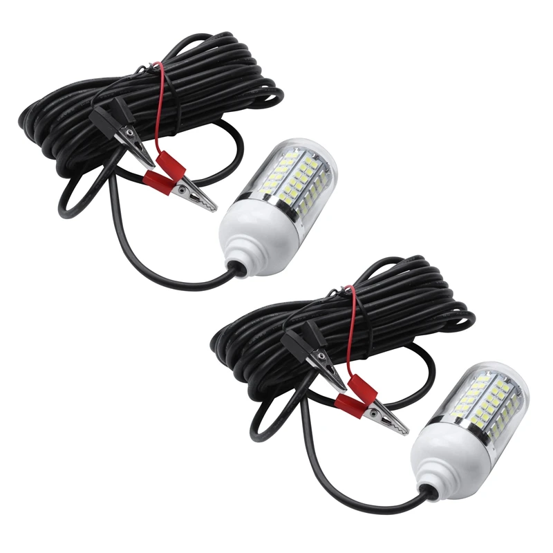 2X 12V 15W Fishing Light 108Pcs 2835 Led Underwater Fishing Light Lures Fish Finder Lamp Attracts (White+White Light)