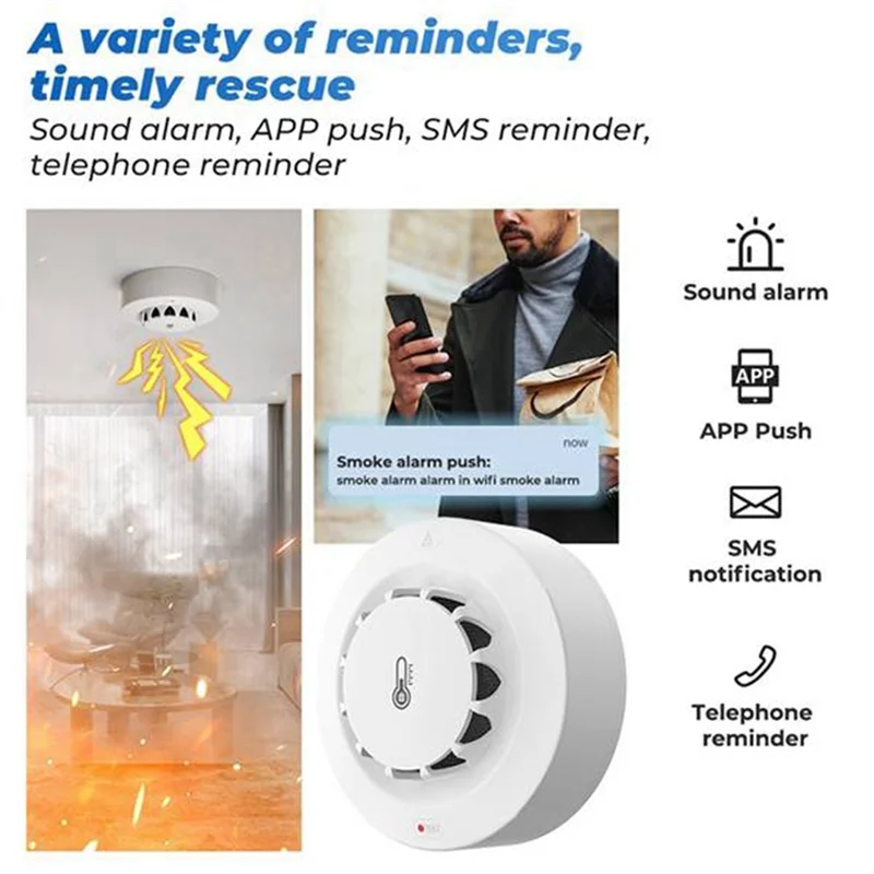 Detector de humo inteligente Tuya con wifi y Bluetooth, monitoreo de temperatura y humedad alarma de 80Db, notificaciones remotas 4Pcsn01r