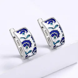 Classic Vintage Temperament Temperament Earrings Blue Enamel Studs Floral Fashion Party Ladies Graffiti Jewellery