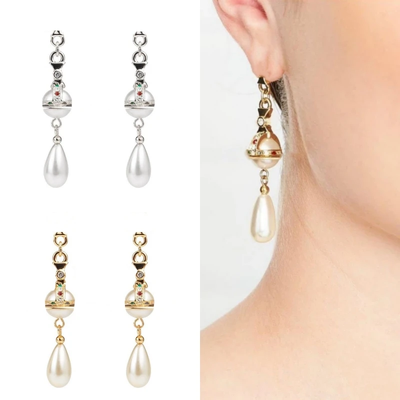 

European and American Fashion Engraved Classic Saturn Pearl Water Drop Earrings for Women's High-end