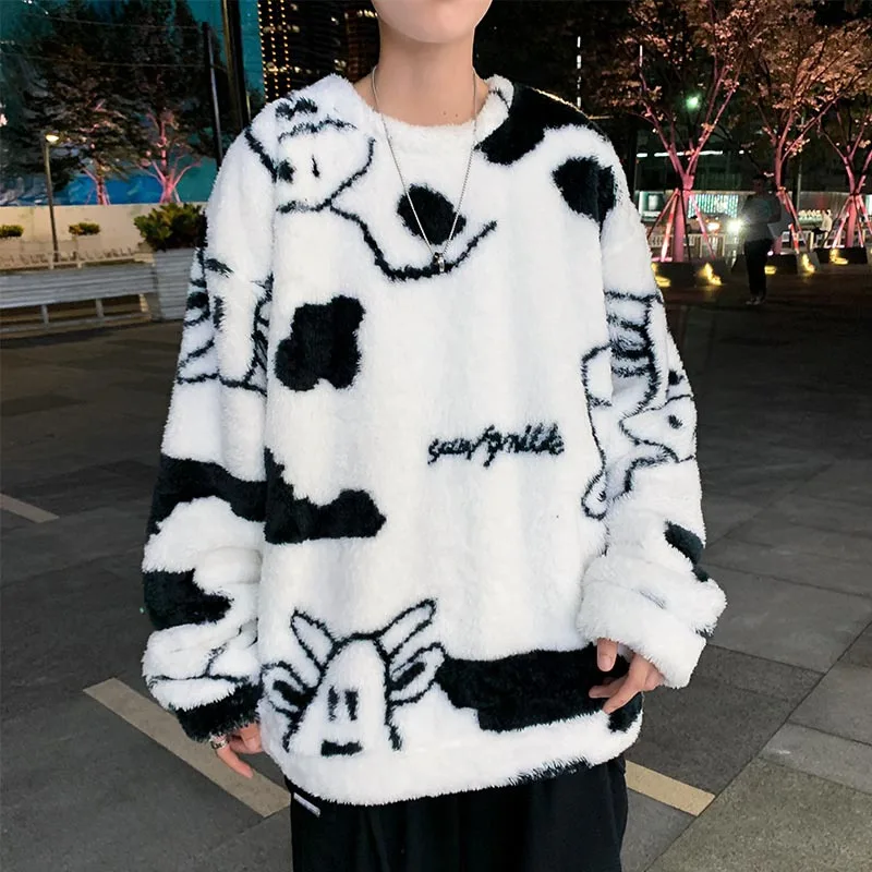 Oversize Sweatshirt Cartoon Cow Print Lamb Hair O-Neck Long Sleeve Man Sweatshirts Korean Fashion Hip Hop Clothes Streetwear