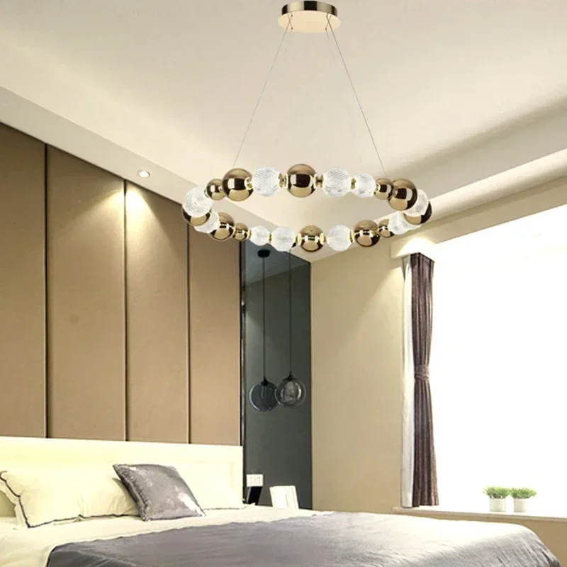 

Clear White Acrylic Ball LED Chandeliers Gold Ring 3 Changeable Wire Adjustable For Foyer Dining Room Bedroom Lighting