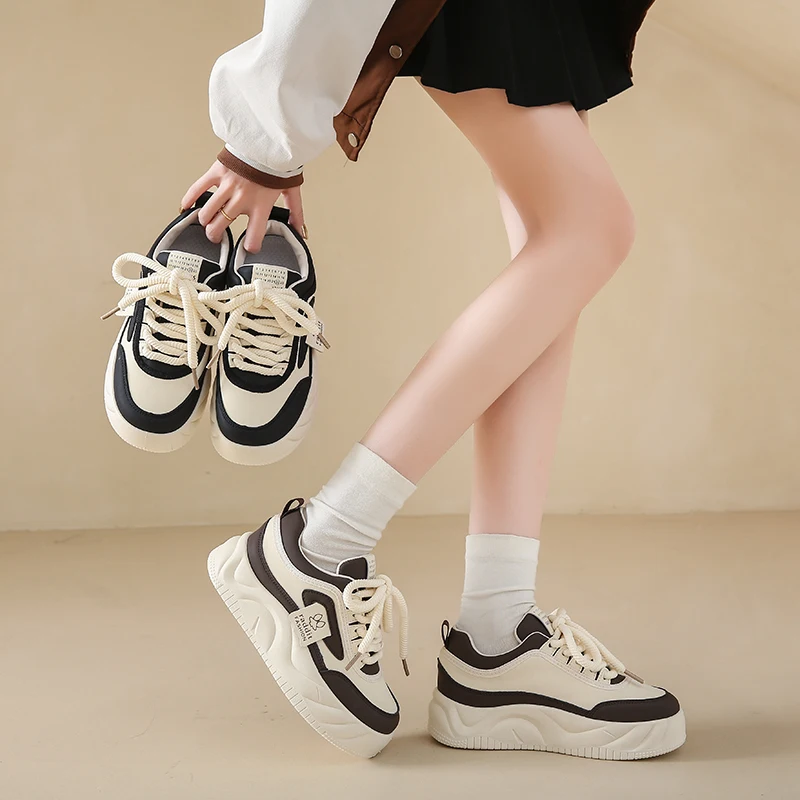 BKQU 2024 Women's Platform Sneakers Fashion PU Leather Shoes Classic Lace Up Comfortable Skate Walking Casual Tennis for Lady