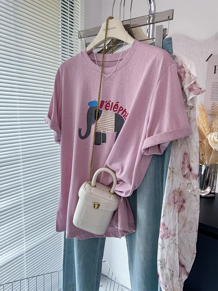 

Extra Large 300 Pou Cute Elephant Print Cool Snowflake Cotton ort Sve T-irt Women Summer Loose Drapey Top Korean St...