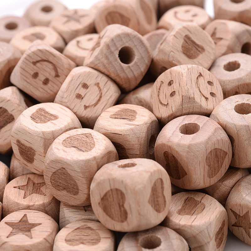 10Pcs 12mm Printing Beech Wooden Square Beads Five-pointed Star Heart Teether Beads for Pacifier Clips Holder Accessories