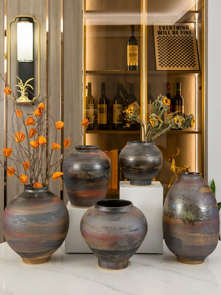 Ceramic Vase Wabi-sabi Wind French Flower Ware Decorative Entrance Desktop Pottery Pot Ornament Model Room