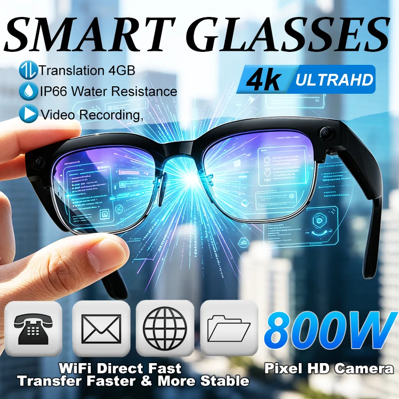 

Новые умные очки 2026 года с камерой 4K ULTRA HD 8 МП, улучшенные, с ИИ-диалогом, переводом на 30+ языков, защитой от сотрясений и функцией звонков по Bluetooth