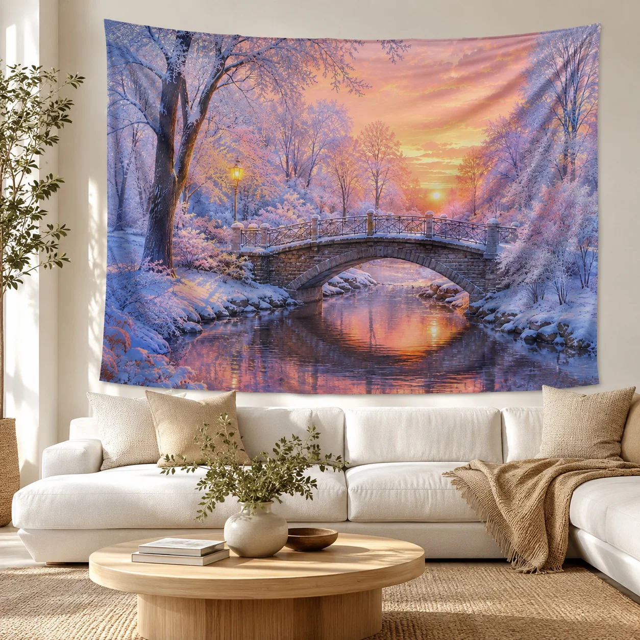 Winter Snow Bridge Tapestry Wall Hanging River Sunset Large Fabric Wall Tapestries Boho Decor Aesthetic Birthday Gift