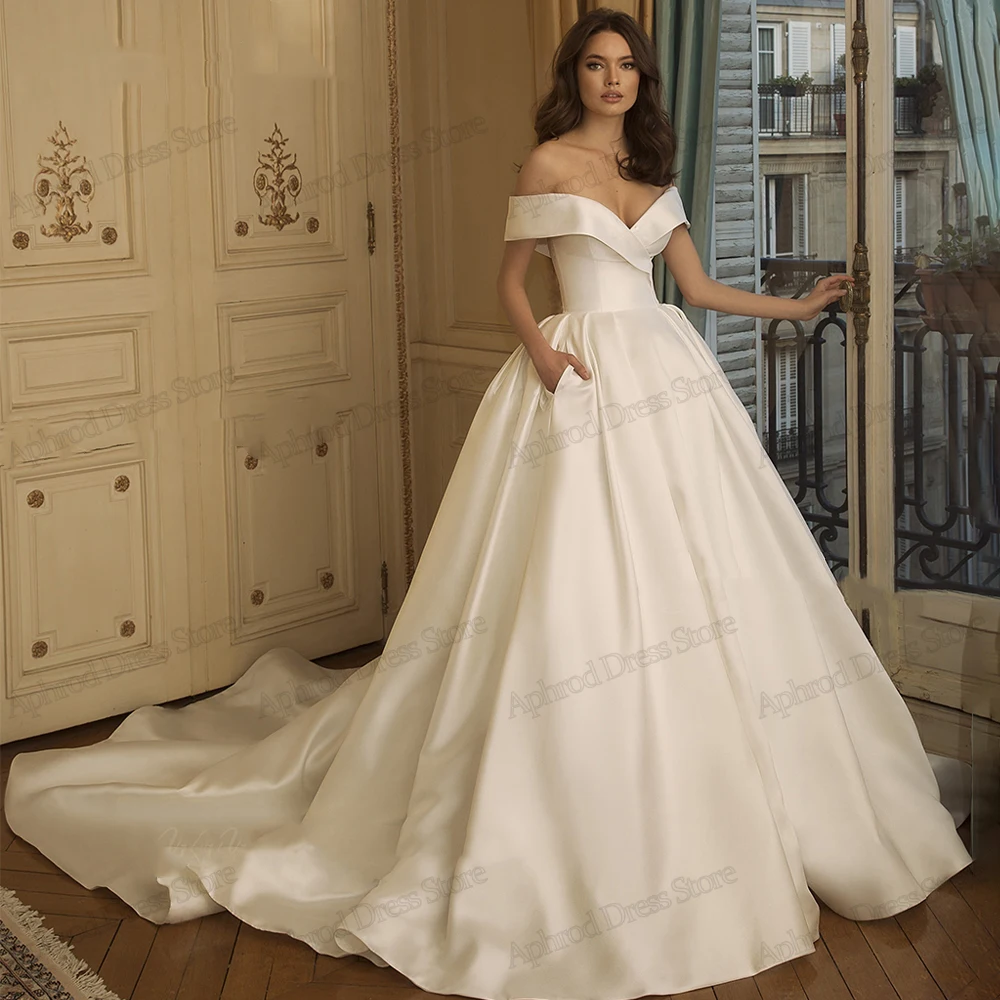 

Simple Wedding Dresses A-Line Satin Bridal Gowns Off The Shoulder Robes Princess Sweep Train Elegant Charming Vestidos De Novia