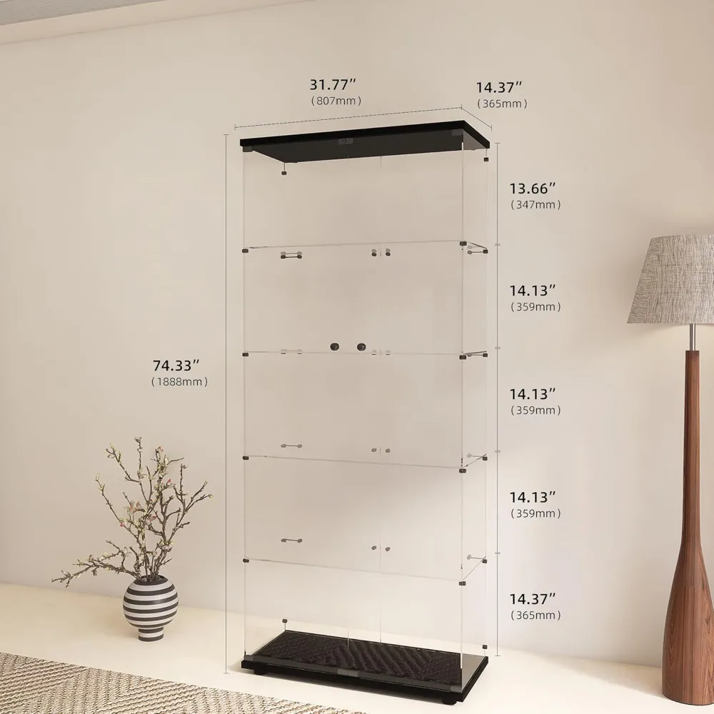 5-Tier Shelf Glass Curio Collection Display Case Cabinet with 2 Door in Clear for Living Room Bedroom Office School