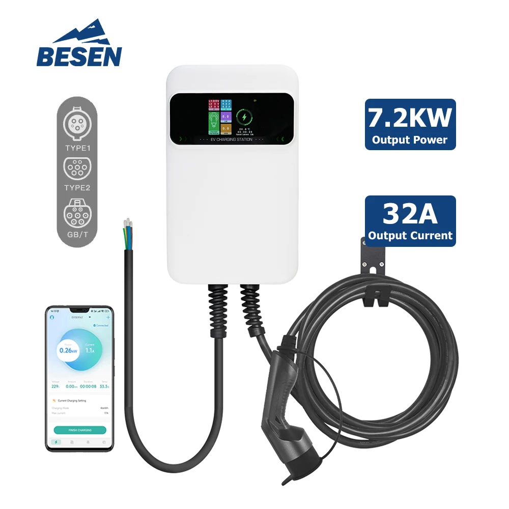 Wall-Mounted Level 2 EV Charger 7.2kW Fast Charging with Mobile App Monitoring