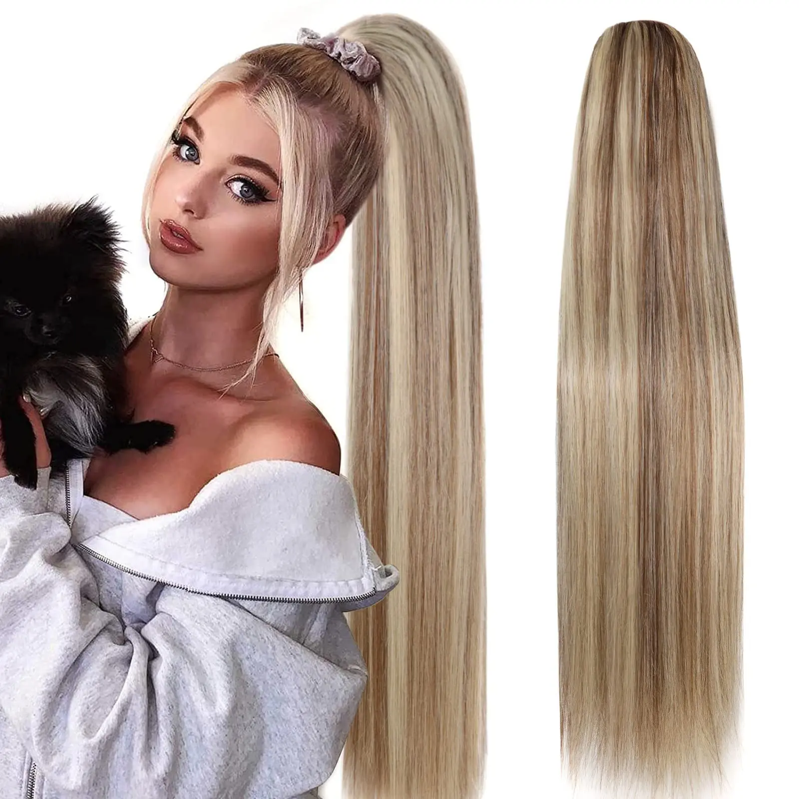 Long Blonde Ponytail 100% Human Hair Extensions Drawstring Straight Clip in 100% Real Hair Extension Ponytail For Women #P8/613