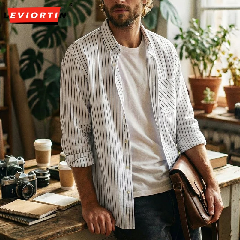 Spring Autumn Men's Striped Dress Shirts Japanese Simple Long Sleeve Shirt Trendy Casual Loose Versatile Shirt with Chest Pocket