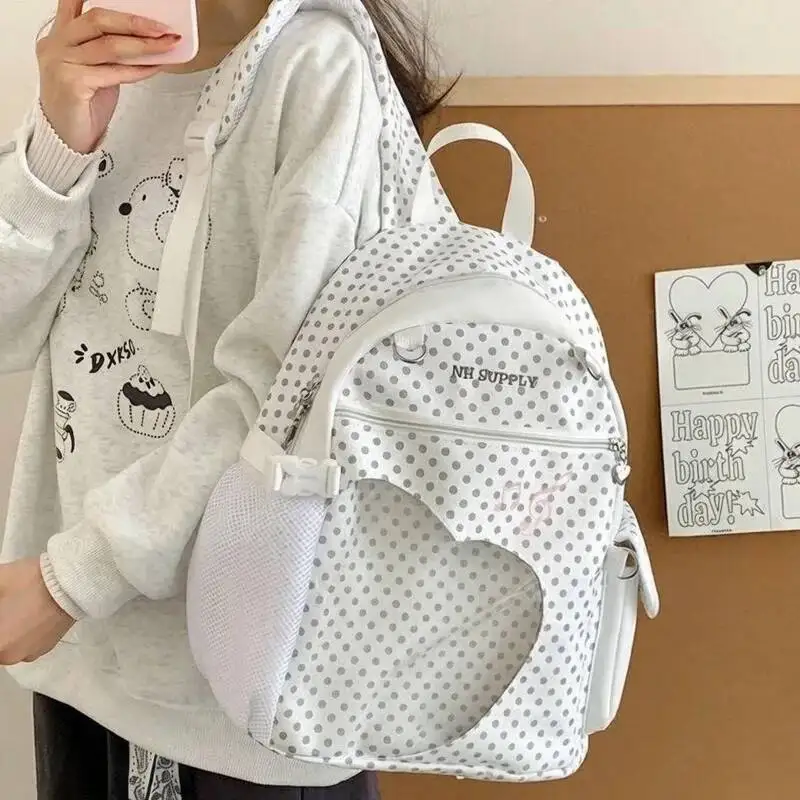Wave Point Transparent Schoolbag Women Student Large Capacity Multiple Pockets Zipper Oxford Cloth Cute Youthful Campus Backpack