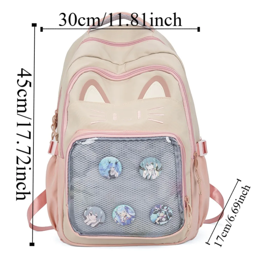 Kawaii Embroidery Cartoon Ita Bag Preppy Style Large Capacity Transparent Pocket Itabag Cute Cat Student School Bag Woman