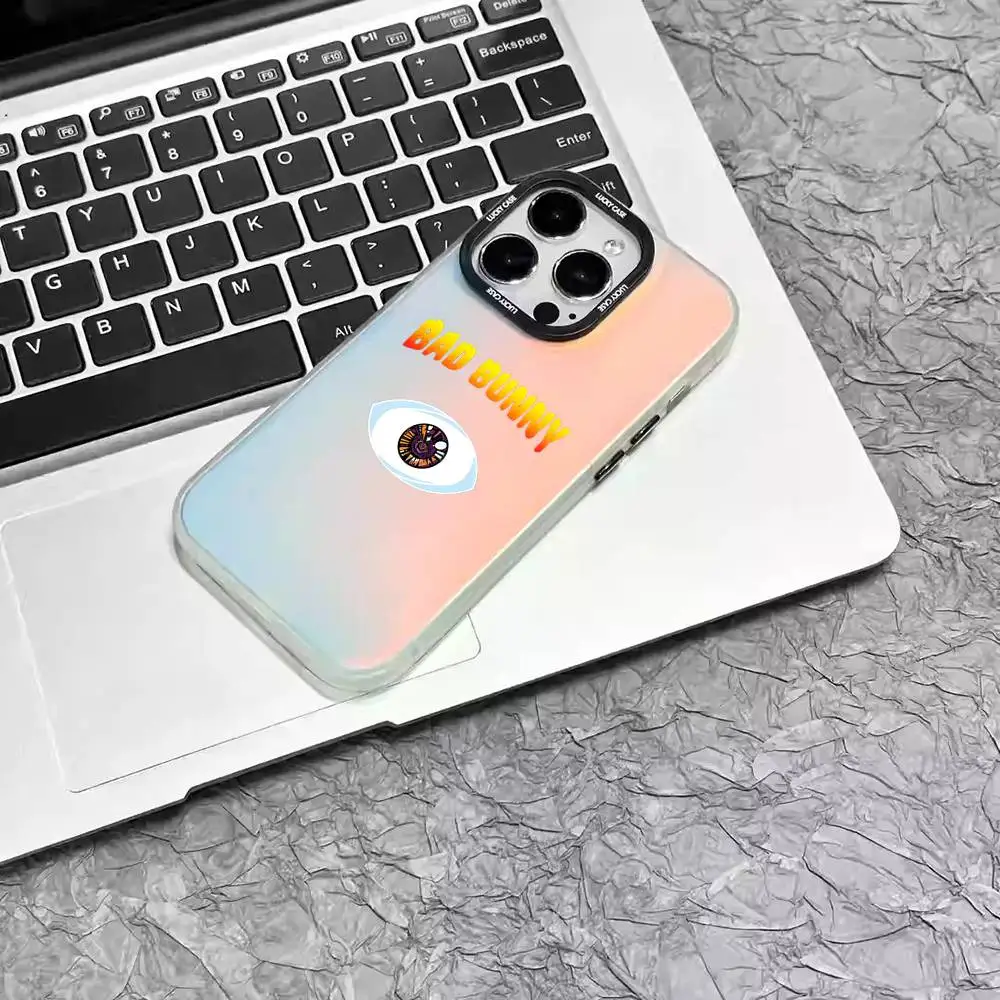 1 unidad b-bad b-bunny Love X100pre funda de teléfono láser IMD Color carcasa plateada para IPhone 17 16 15 14 13 12 11 Air Pro Max Plus