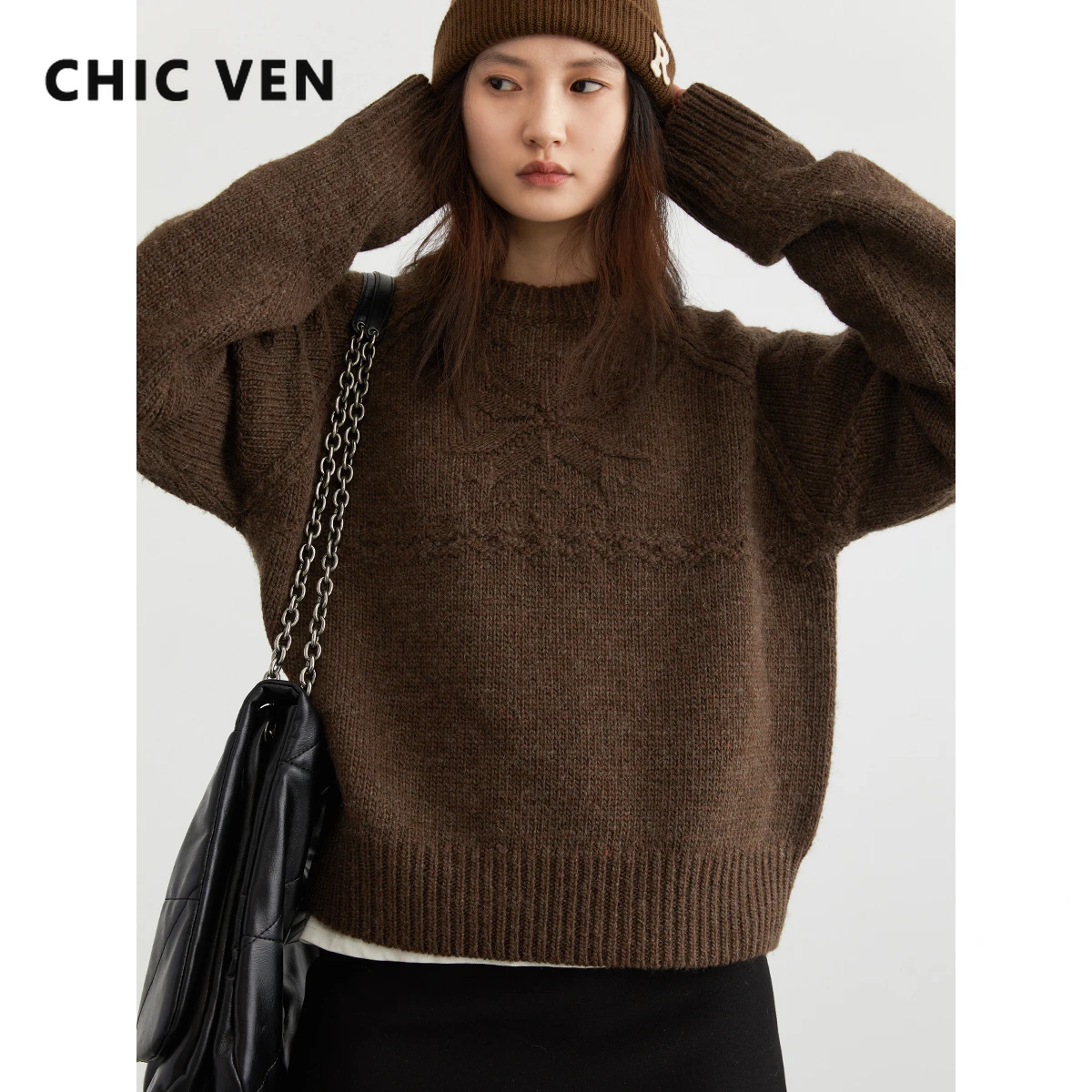 CHIC VEN Sweater wanita Korea, Sweater longgar baru rajutan wol lembut leher O pullover musim gugur musim dingin 2023