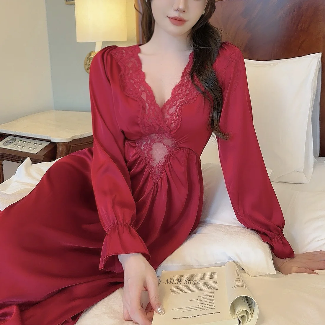 2024 Spring New Nightgown Grace Burgundy Sleepshirt Women Lace V-Neck Nightwear Satin Homedress Long Sleepwear Loungewear