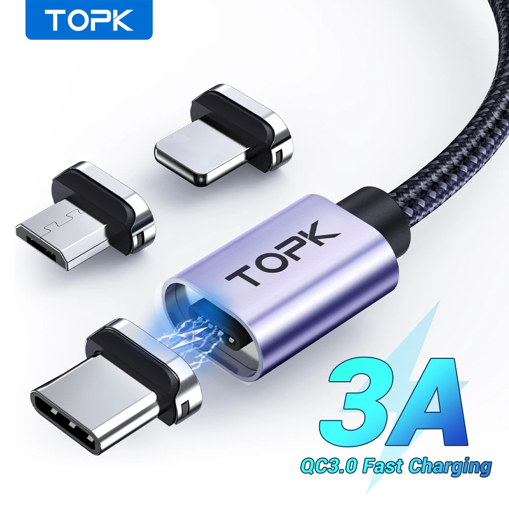 TOPK 6.6ft Magnetic Charging Cable 3A, Micro USB Type C Cable with Led Light, Support Fast Charging & Data Transfer for Phone