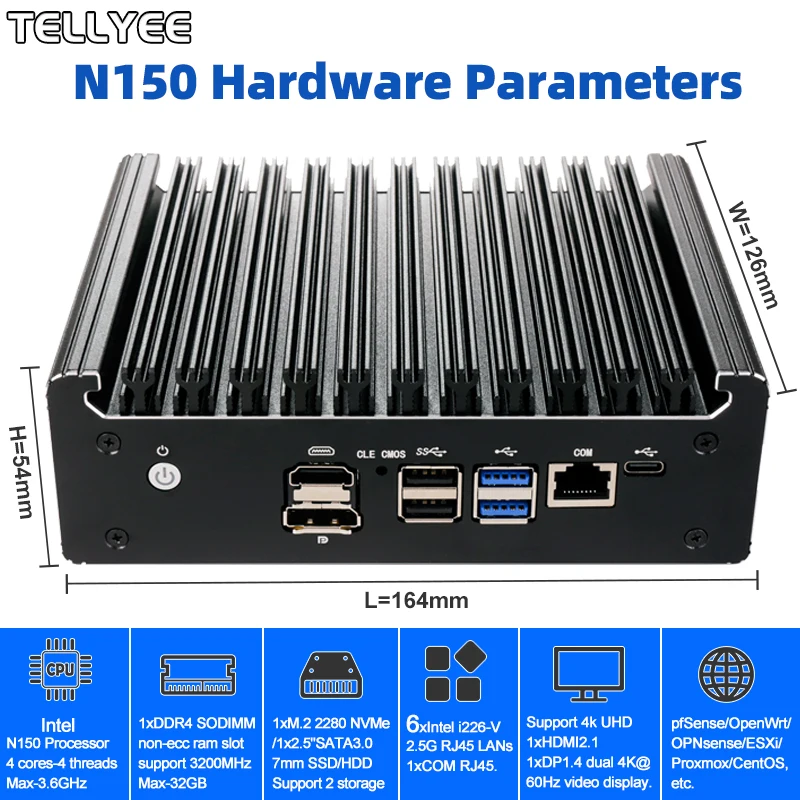 Intel N100 Soft Router 6 Lans i226-V 2,5 G Lüfterloser Mini-PC COM HD DP USB Typ-C pfSense Firewall Appliance OPNsense ESXi Computer