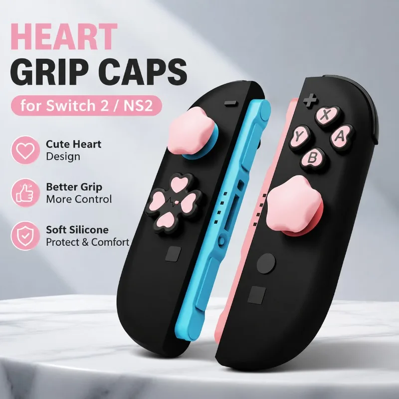 Silicone Button Stickers Heart-shaped Joystick & D-pad Caps Compatible with Nintendo Switch 2 NS2 Joy-Con Anti-slip Protective