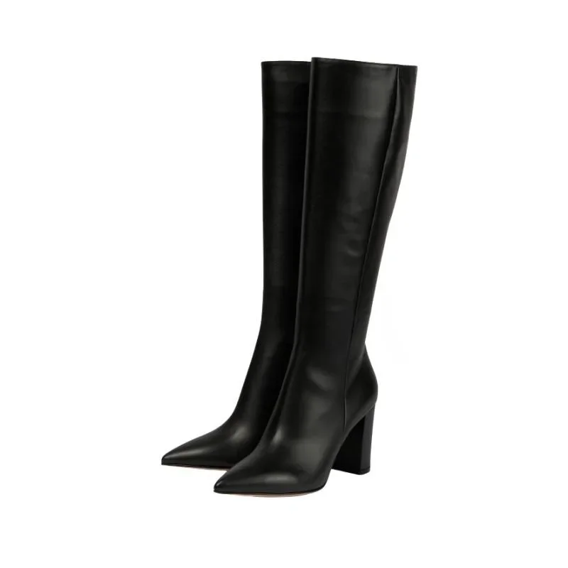 Bottes au genou en cuir verni noir pour femmes, chaussures Parker pointues, talons hauts épais, bottes simples pour femmes