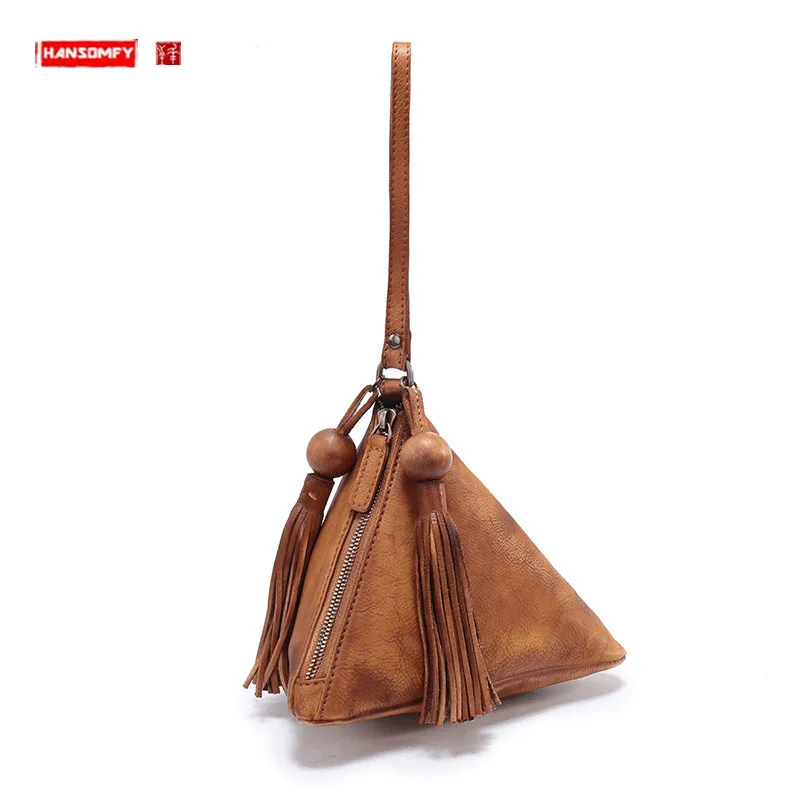 Genuine Leather Women Handbags Retro Casual Fashion Triangle Bag Female Portable Bag Mobile Phone Handmade Wallets