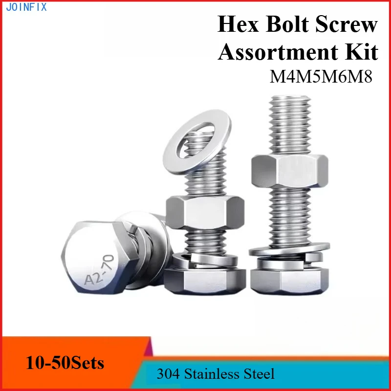 304 Stainless Steel Hex Bolt Set with Nuts, Flat & Spring Washers, External Hex Head Screw Kit- M4 M5 M6 M8 Sizes