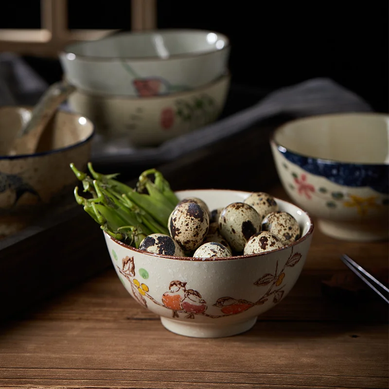 Japanese Ceramic Rice Bowl Small Soup Noodle Bowls Tableware Retro Salad Bowl For Household And Hotel Kitchen