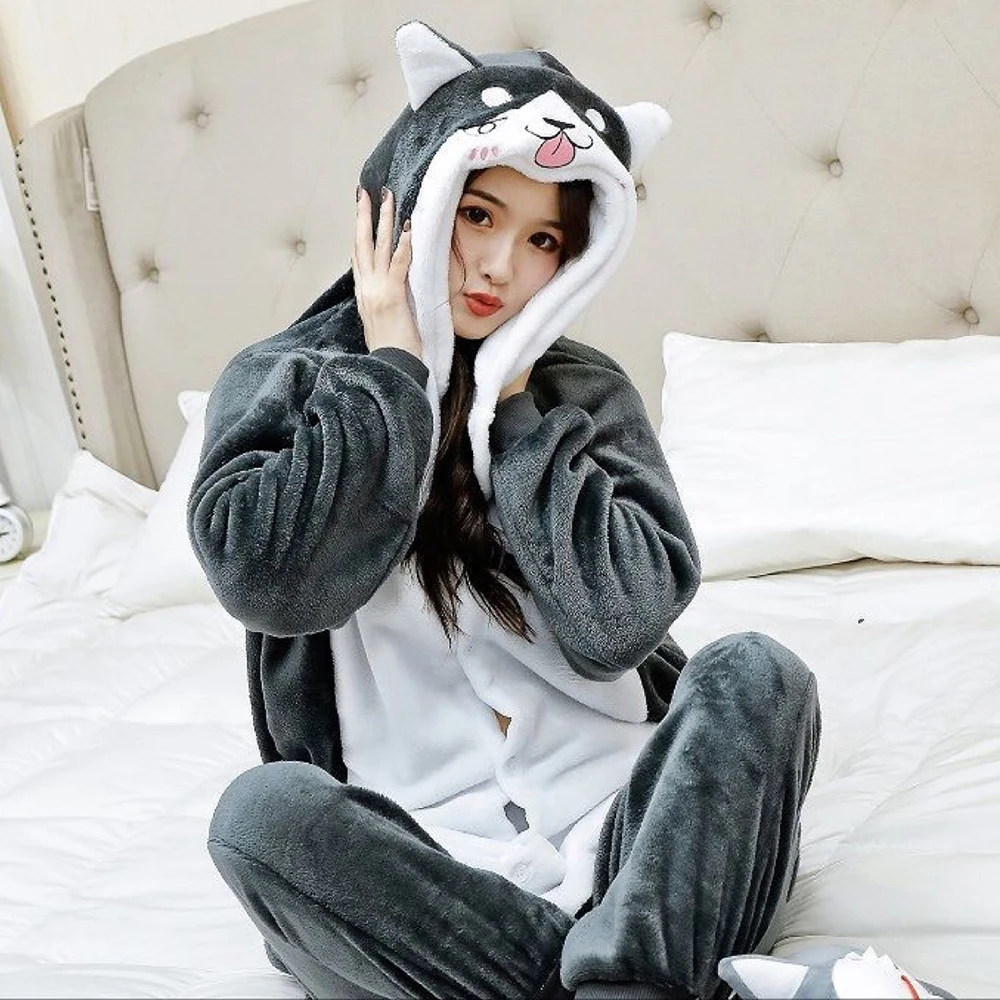 Winter Animal Pajamas Onepiece Adult Teenagers Women Cute Cartoon Kigurumi Dog Onesies Funny Flannel Warm Sleepwear Jumpsuit New