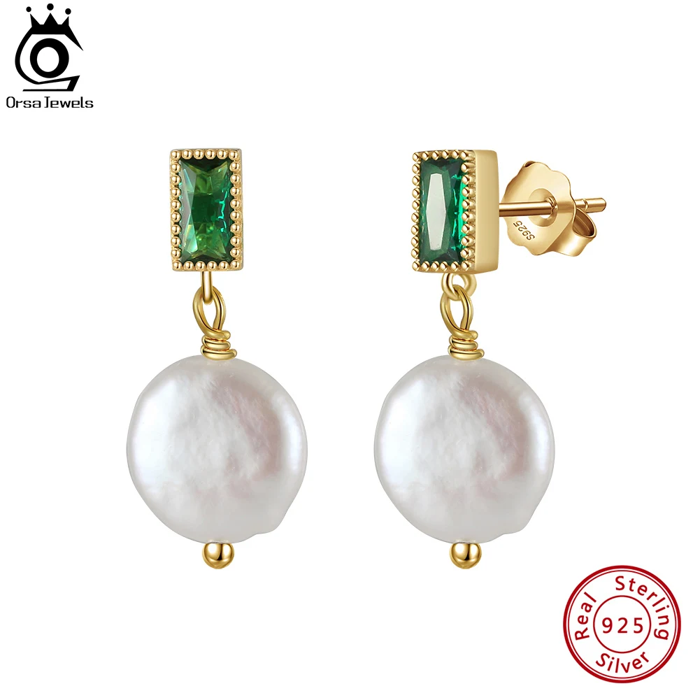 

ORSA JEWELS Vintage Freshwater Pearl Drop Earrings 925 Sterling Silver Ear Drop with Green CZ for Women Party Jewelry GPE82