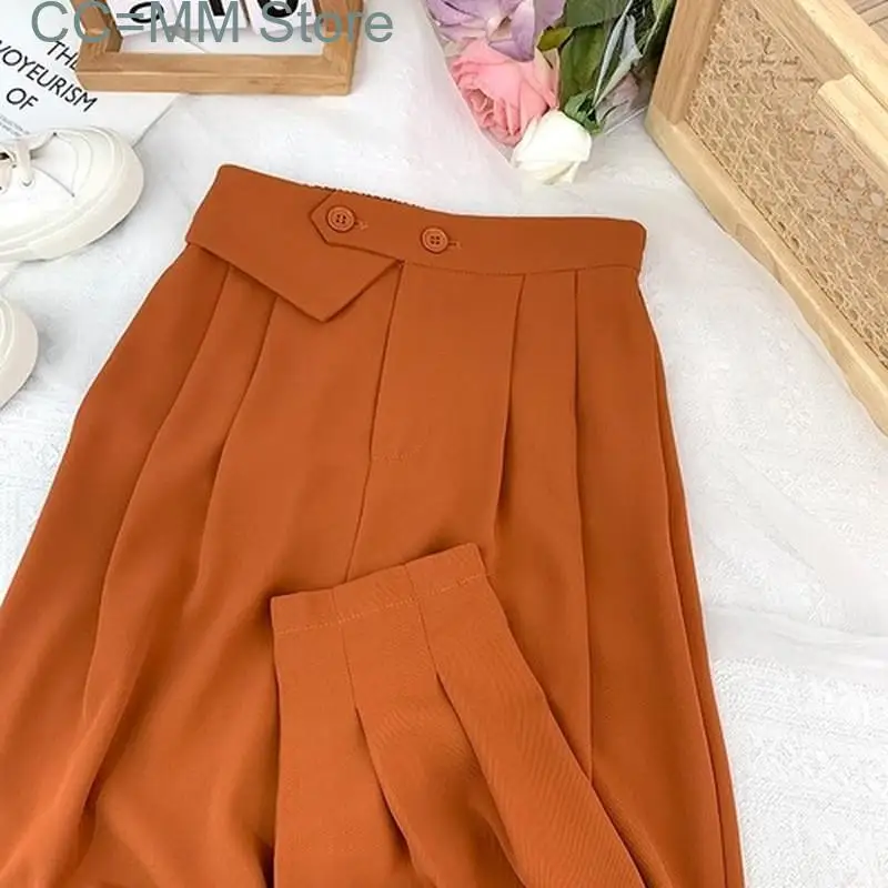 Pantalones bombachos de cintura alta para mujer, traje informal de moda coreana para oficina, 2 botones, elegantes, rectos, novedad de verano