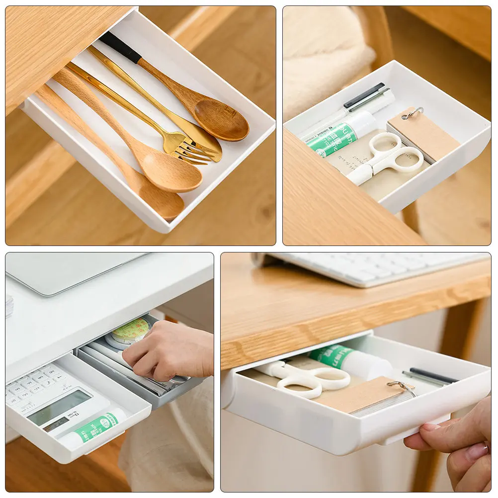 

2Pcs Large Pencil Box Hidden Adhesive Drawer Storage Box Under Table Desk Organizer Stationery Holder Retractable Pen Tray