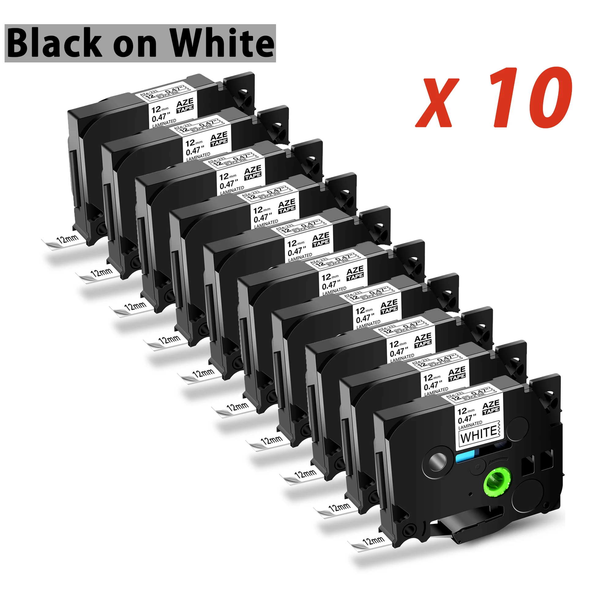 Greencycle 10PK 12mm Black on White AZE-231 Label Tape Compatible for Brother Ptouch Label Maker for TZ 231 TZE 231 TZ-231 TZ231