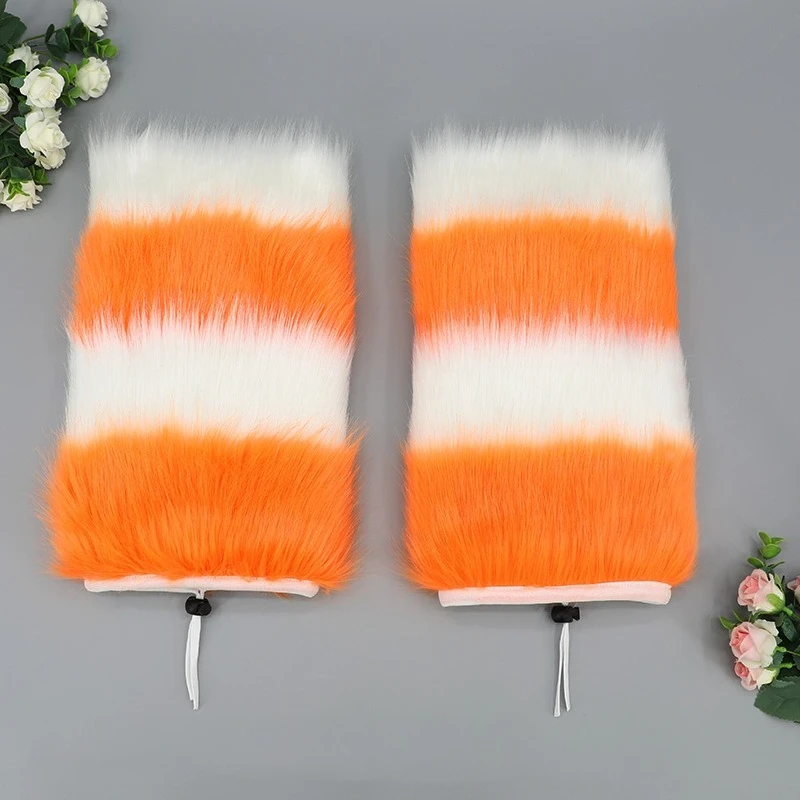 Gyaru Faux Fur Leg Warmer Winter Goth Striped Leg Warmers Y2k Knee High Socks Boot Cuff Slouch Socks JK Girl Boot Cover Hosiery view 4