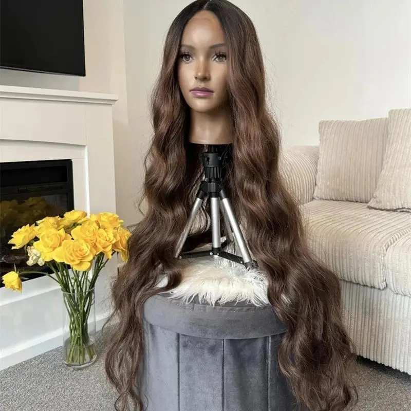 Ombre Chocolate Brown Long Water Wave Lace Front Wig Heat Resistant Fiber Hair Wig Glueless Synthetic Wig 36 Inche Cospaly/Daily