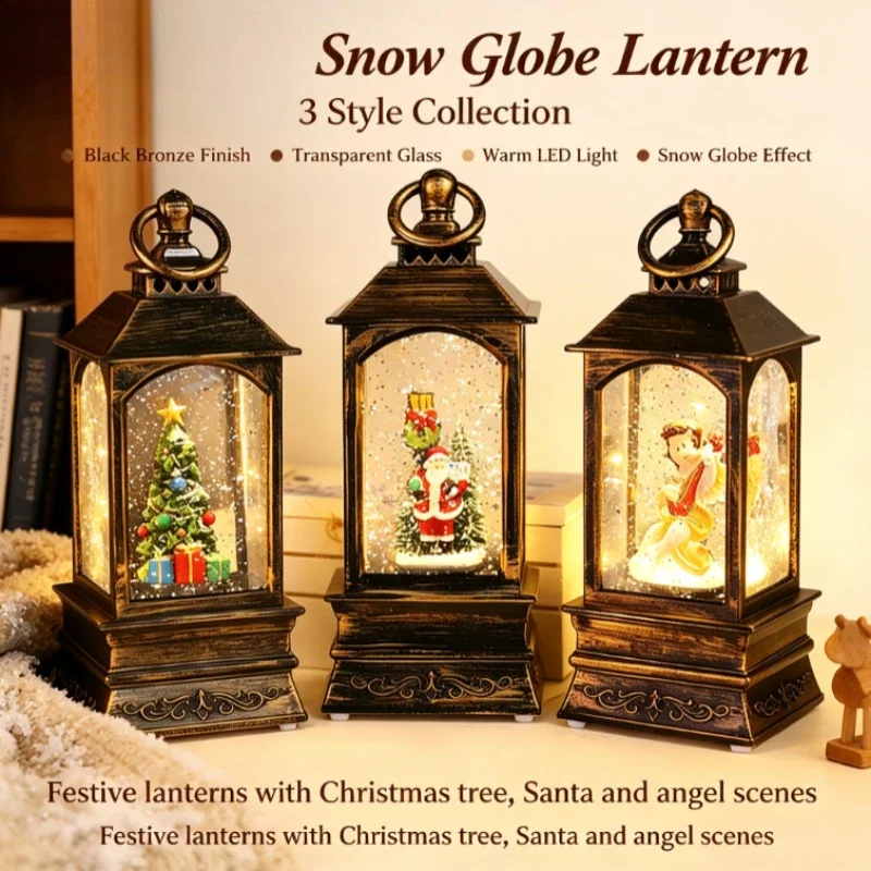 Water Filling Snow Globe Music Box Square Hurricane Lamp Vintage Winter Scene Desktop Ornament Holiday Home Table Centerpiece