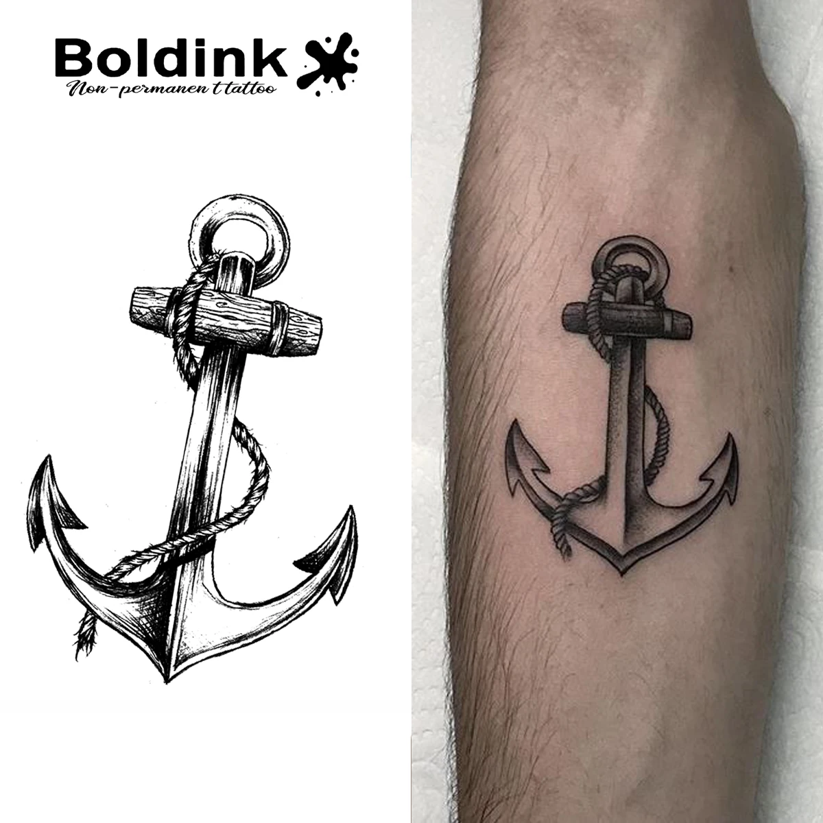 Boldink Plant-based Vintage Wooden Anchor with Rope Temp Tattoo for Classic Maritime Sketch Lovers, Realistic Wood Grain Art & R