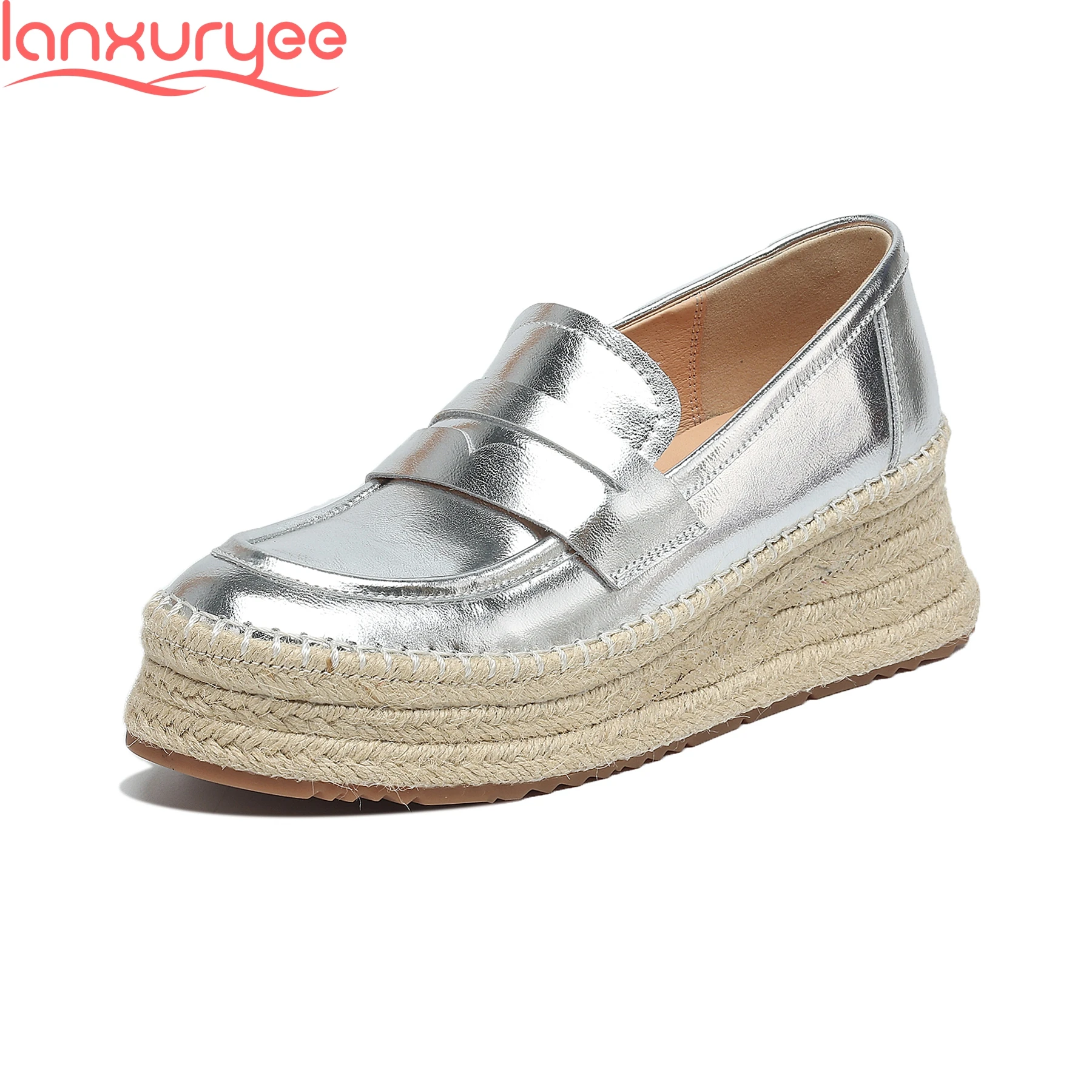 

Lanxuryee Genuine Leather Round Toe Thick Bottom Wedges Platform Loafers Luxury Casual Dating Concise Dress Comfort Women Pumps