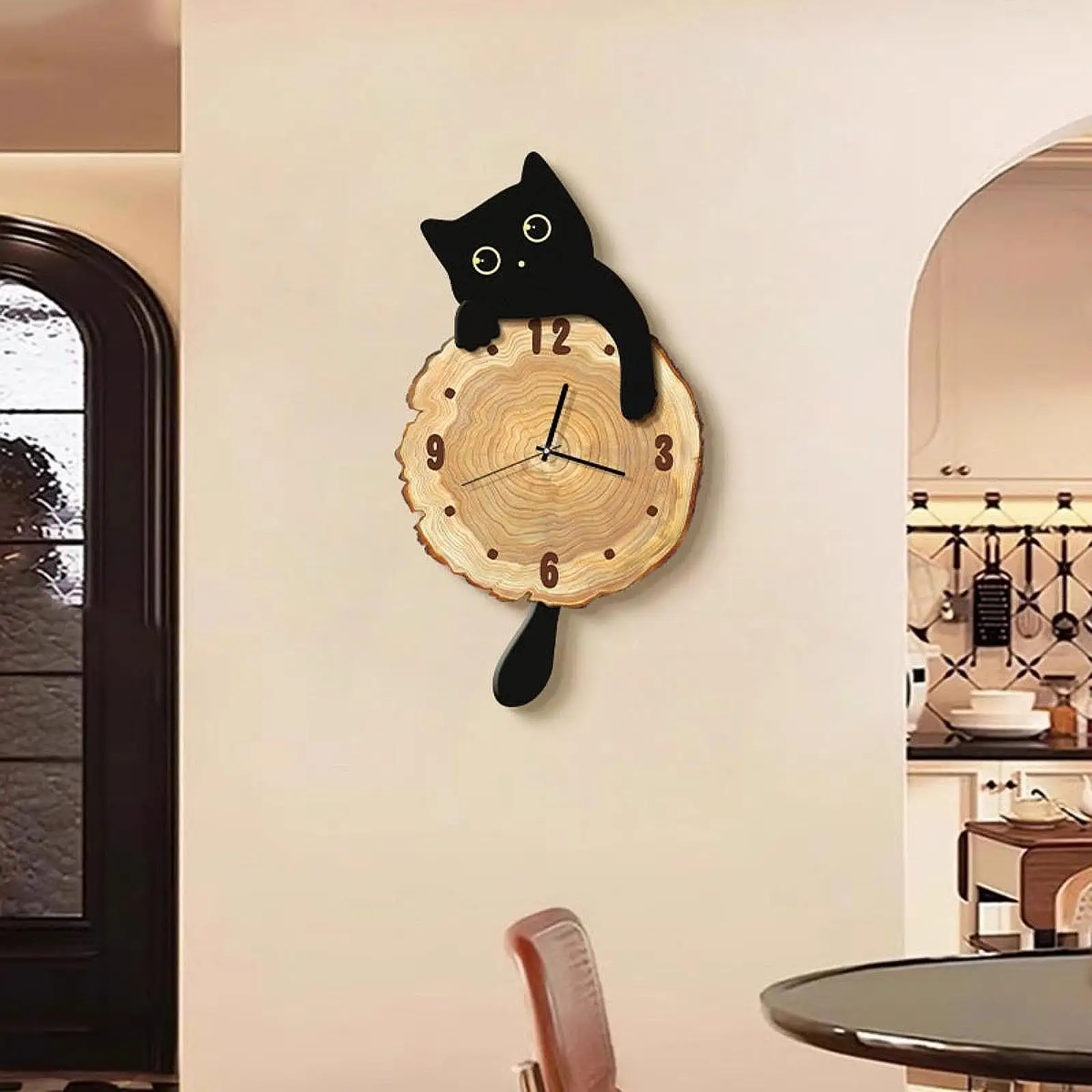 Cat Wall Clock Pendulum Tail Multifunctional Hanging Clock Lovely Silent Modern Wall Clock for Cafe Bedroom Home Hotel Decor