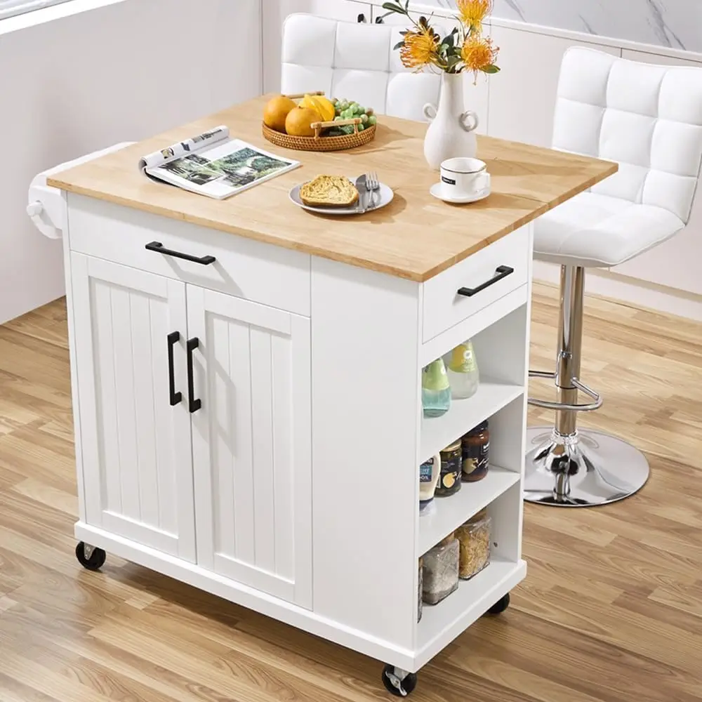 Rolling Kitchen Island Cart with Drop Leaf, Portable Rubberwood Breakfast Bar with Storage Cabinet, Open Shelves & Detachable To