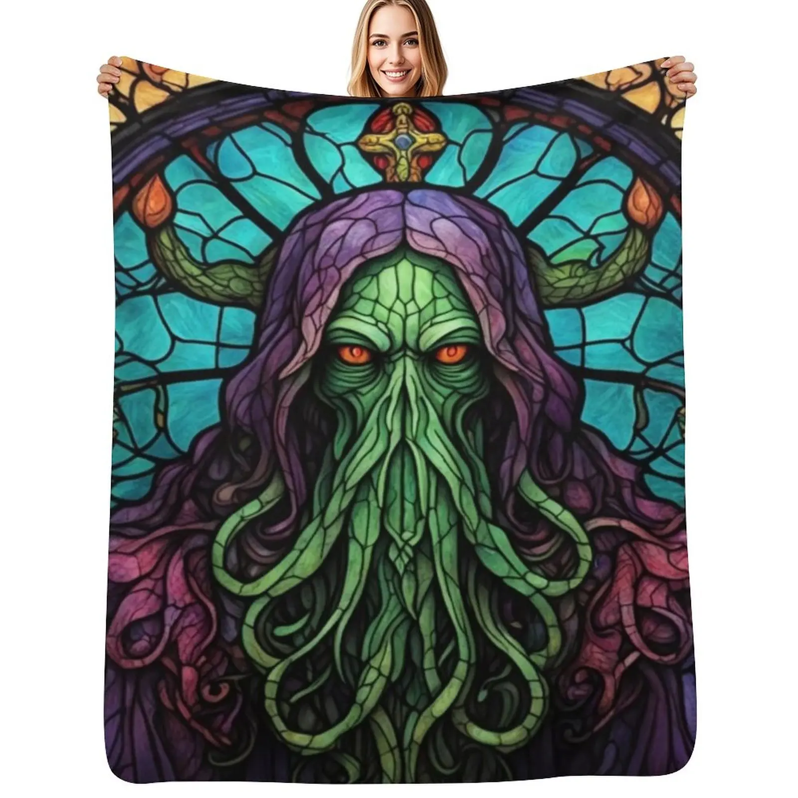 

Cthulhu Stained Glass, Unholy, Lovecraftian, Tentacles, Horror Throw Blanket Heavy Camping Quilt Blankets