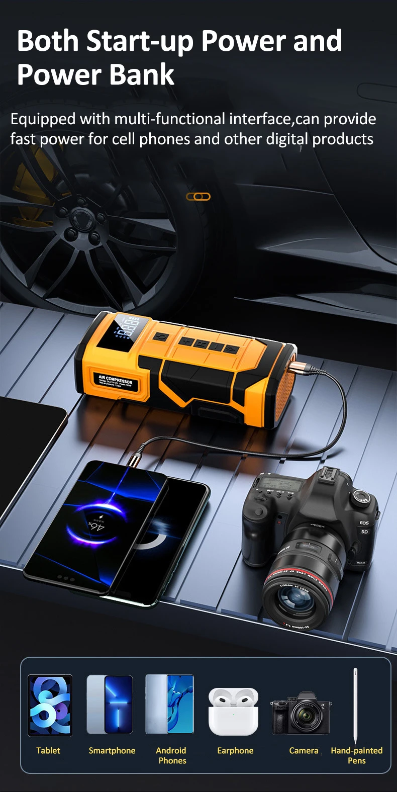 14.8V Car Jump Starter 600A Peak Current Emergency Starter Booster Auto Power Bank 10000mAh 150PSI Car Booster Starting Device