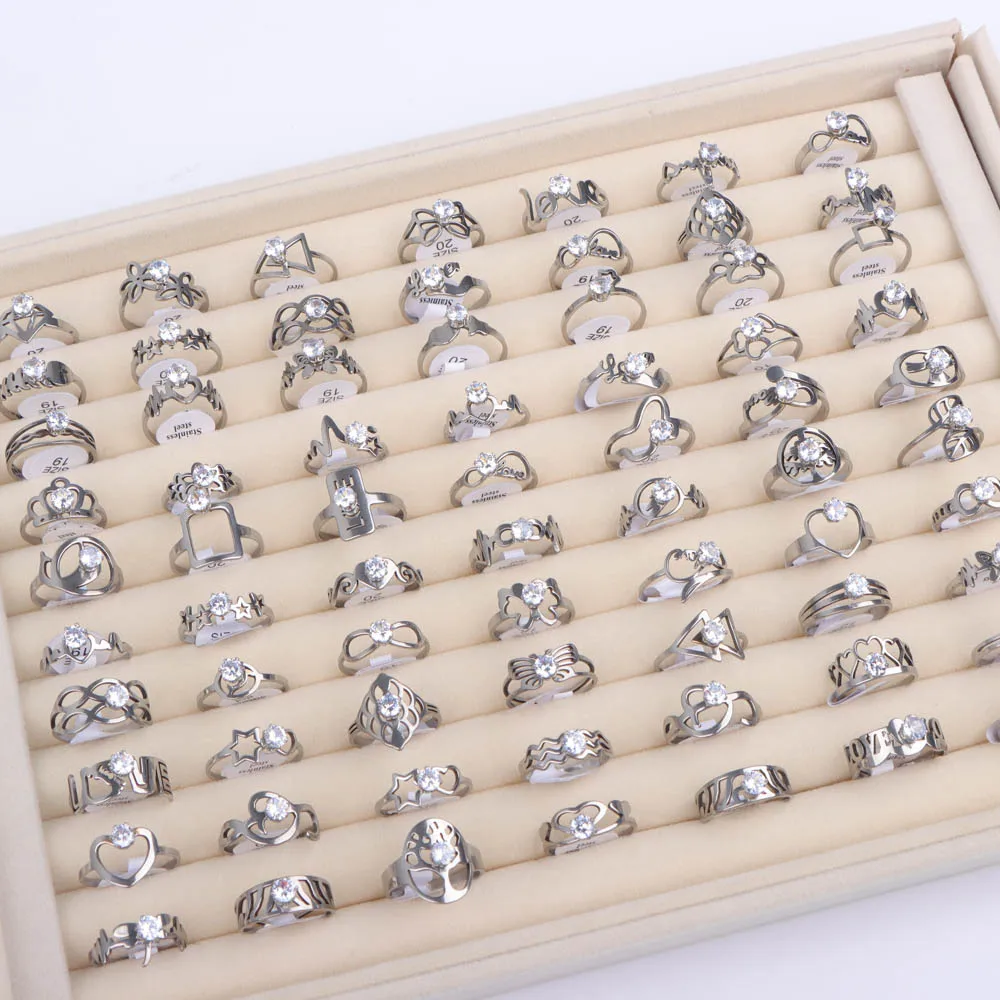 10Pcs/Lot Fashion Colorful Zircon Stainless Steel Rings For Women Classic Wedding Love Mix Style Jewelry Engagement Party Gifts