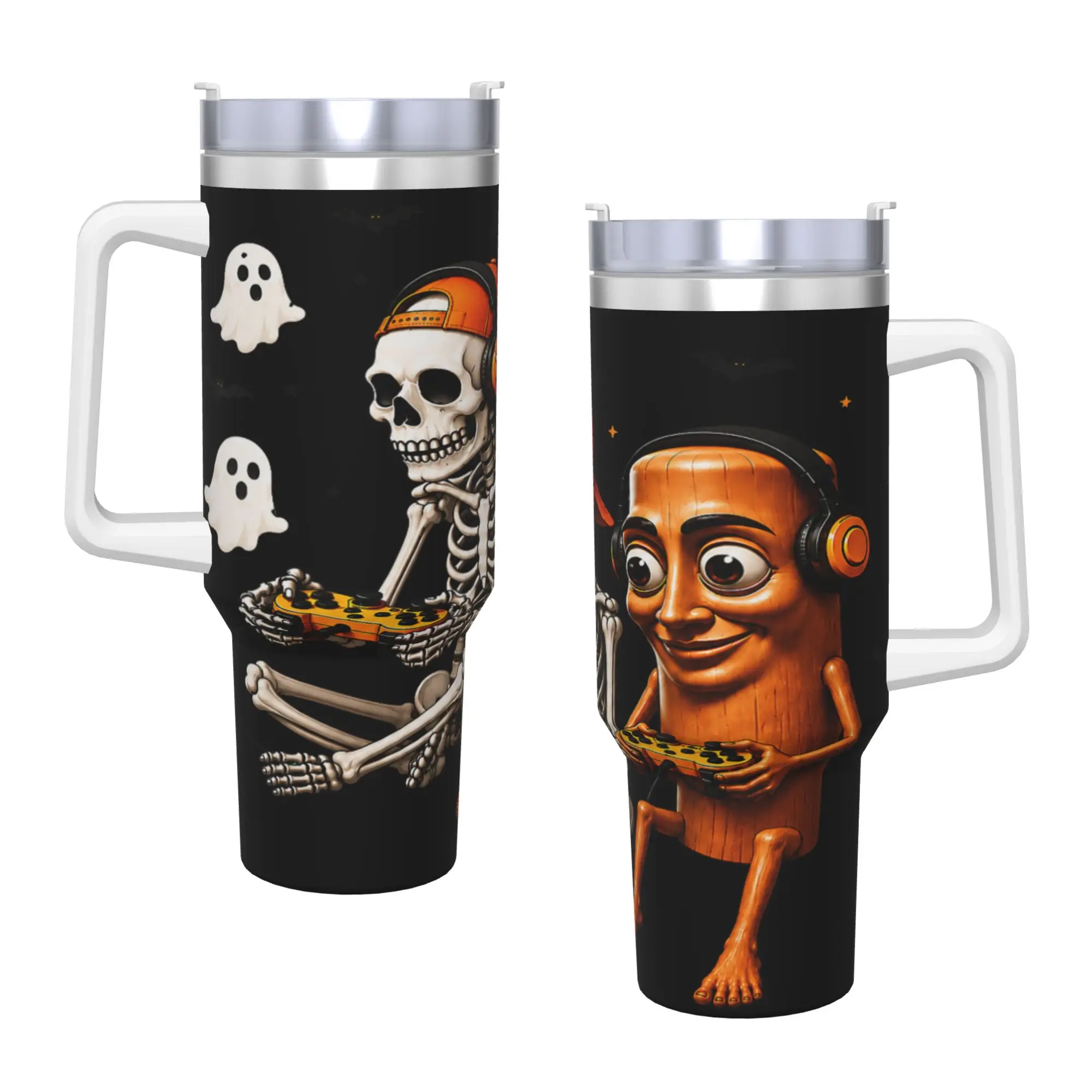 Stainless Steel Tumbler Halloween Tung Tung Sahur Skeleton Gamer Video Gaming Car Mugs With Straws Beach Hot Drinks Water Bottle
