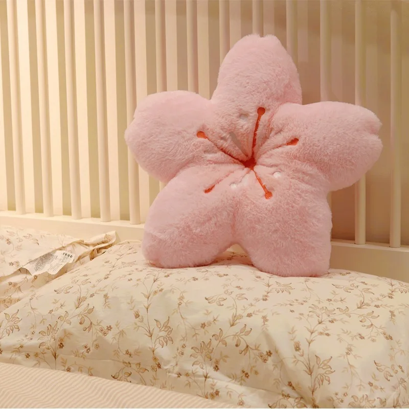 Furry Cherry Blossoms Stuffed Flower Plush Cushion Girly Room Decor Sunflower Pillow Pink Flower for Girls Bedroom Seat Pillow