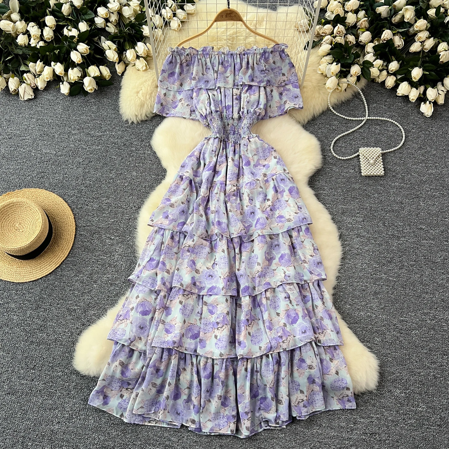 French Vintage  off shoulder short sleeve ruffle Dress Chic Casual Beach Vacation Women Summer chiffon dresses