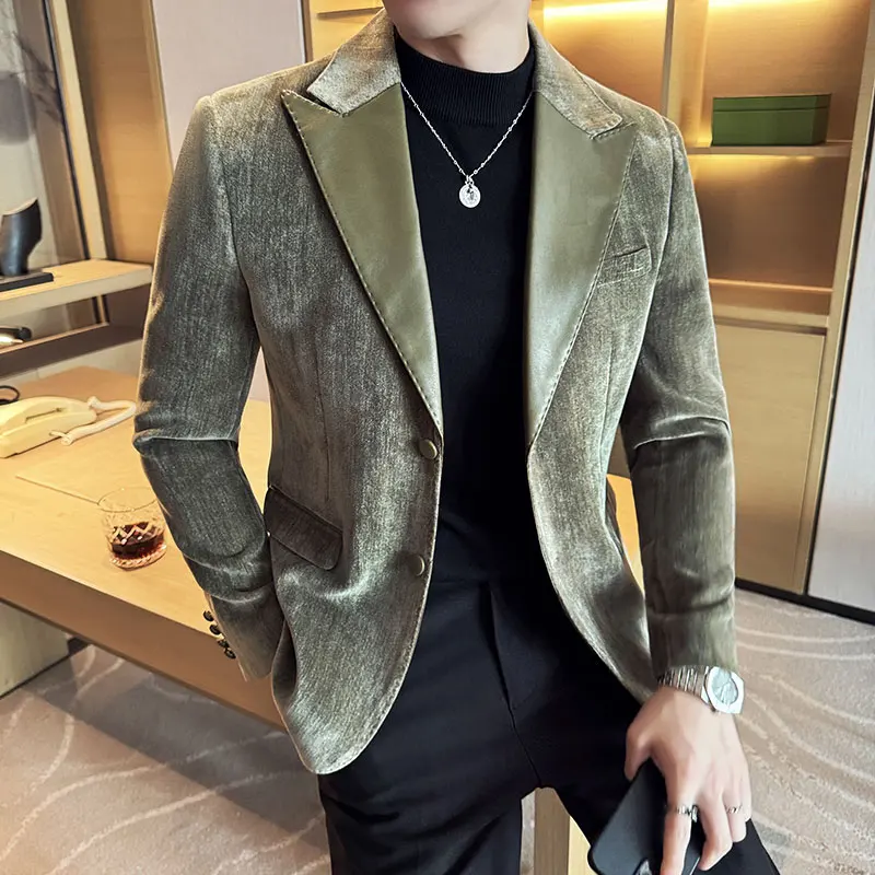 Splicing Leather Neck Fashion Suit Jacket Luxury Men's Business Slim Fit Social Formal Blazers Coats Wedding Groom Tuxedos 5XL-M