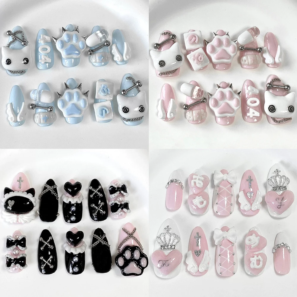 

Sweet Lovely Hello Kitty My Melody Almond Handmande Press On Nail Cartoon Cat Paw Chain Rivets Wings Bow Pearl Diamond Fake Nail