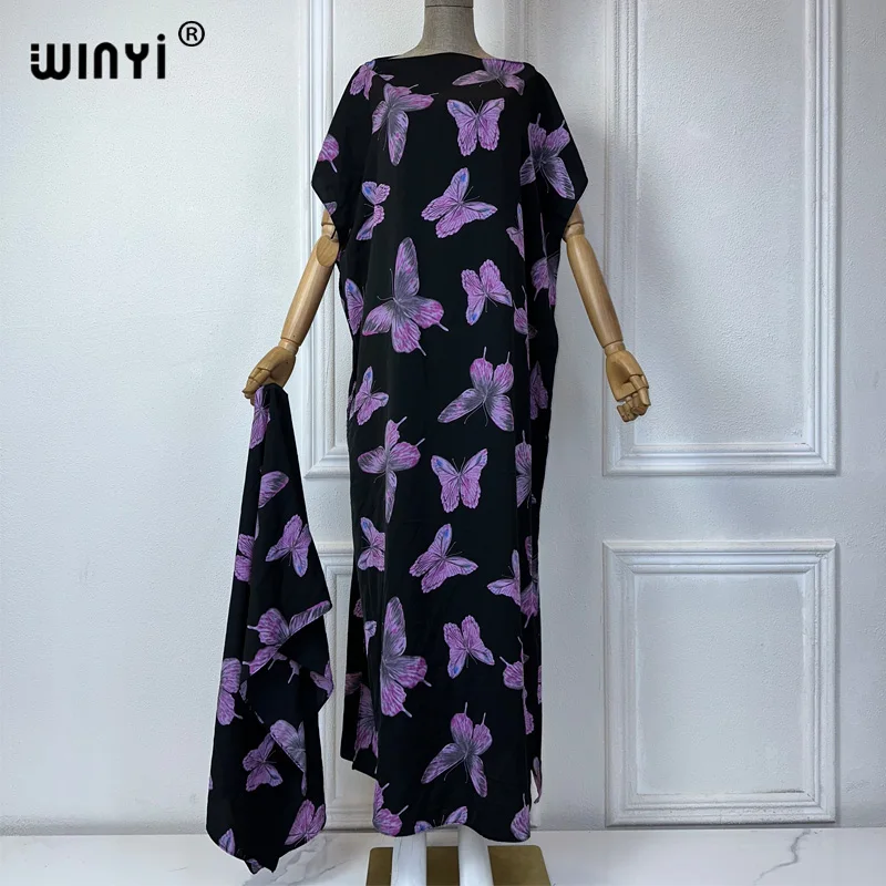 

WINYI African Women Dashiki muslim woman abaya dubai luxury Design With Scarf Maxi dress Butterfly print African long kaftan